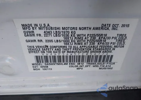 2015 Mitsubishi Outlander Sport Es from USA, damaged, VIN 4A4AP3AW5FE054774